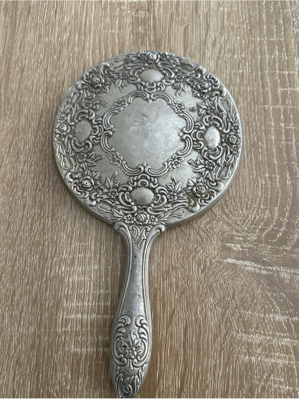 Antique-Style Silver Handheld Vanity Mirror with Floral Relief